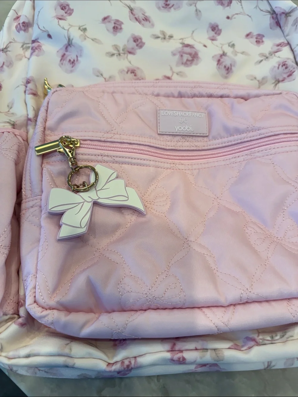 Pink Floral Kids Backpack with Bow Charm